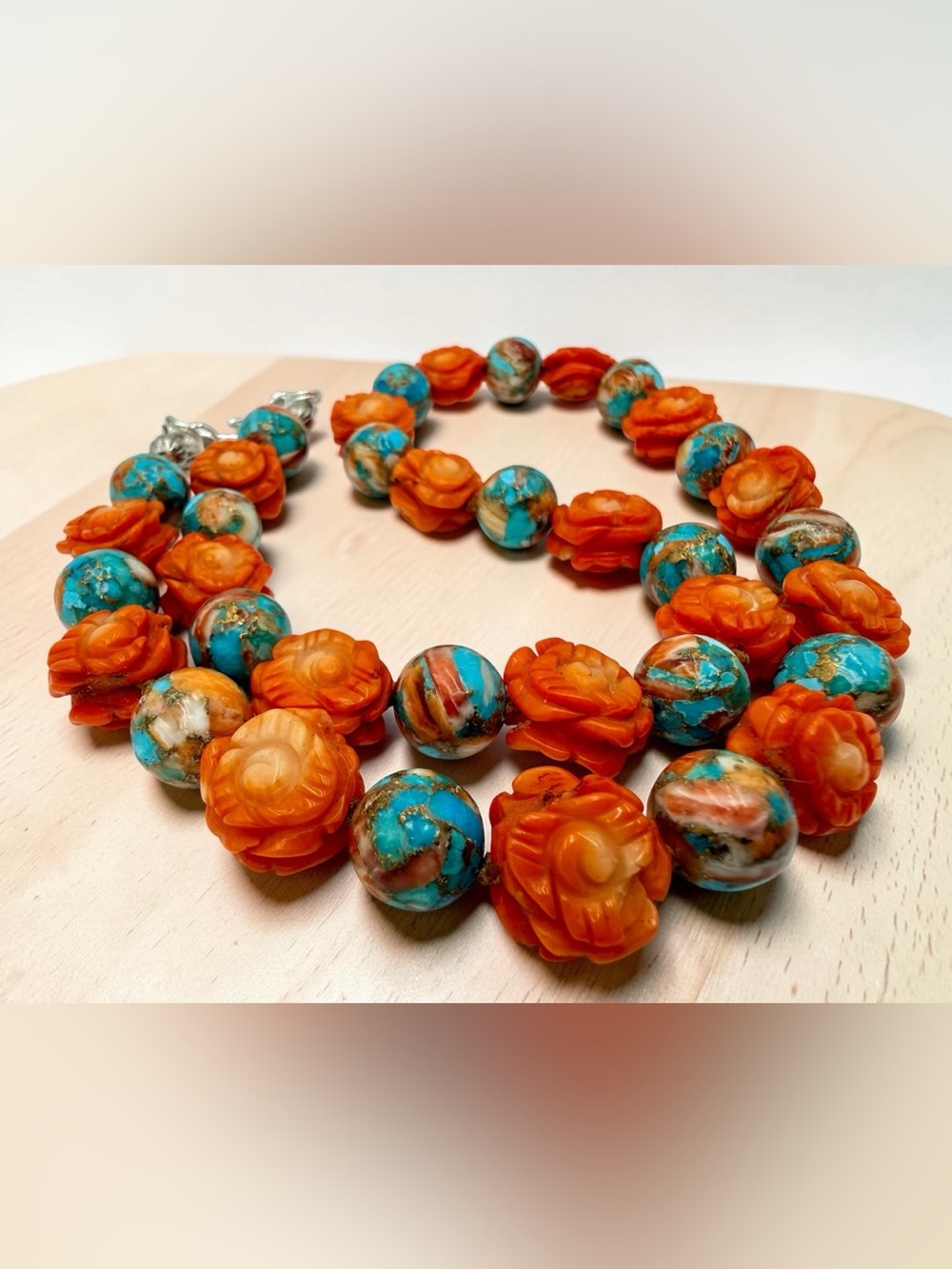 Artisan Spiny Oyster Mohave Copper Turquoise Coral Roses Sterling Necklace 18” - Picture 15 of 17